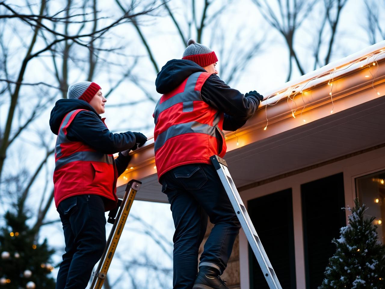 Elias and Alex installing warm white Christmas lights on a home