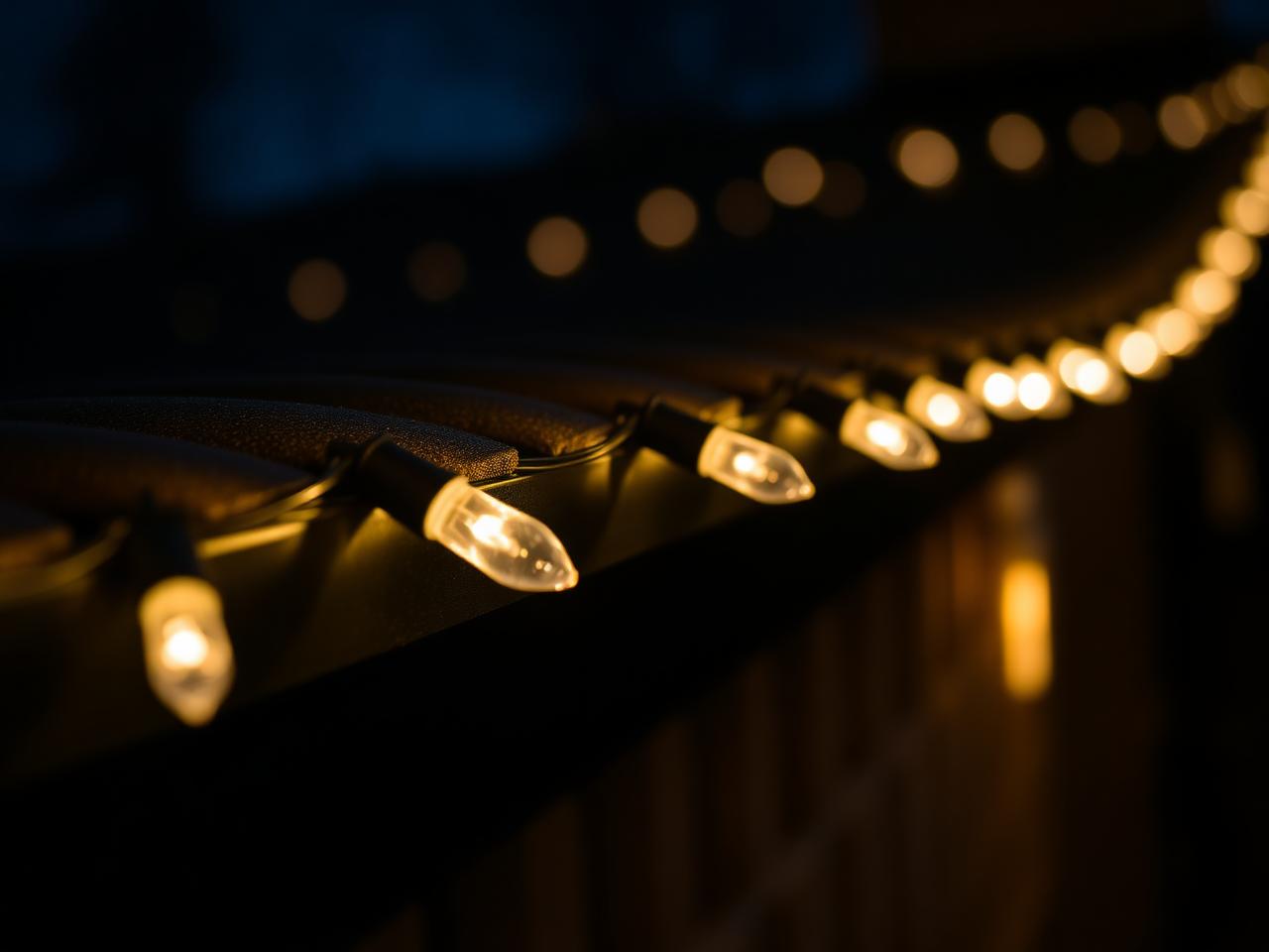 Perfectly spaced warm white C9 bulbs tracing a roofline at dusk