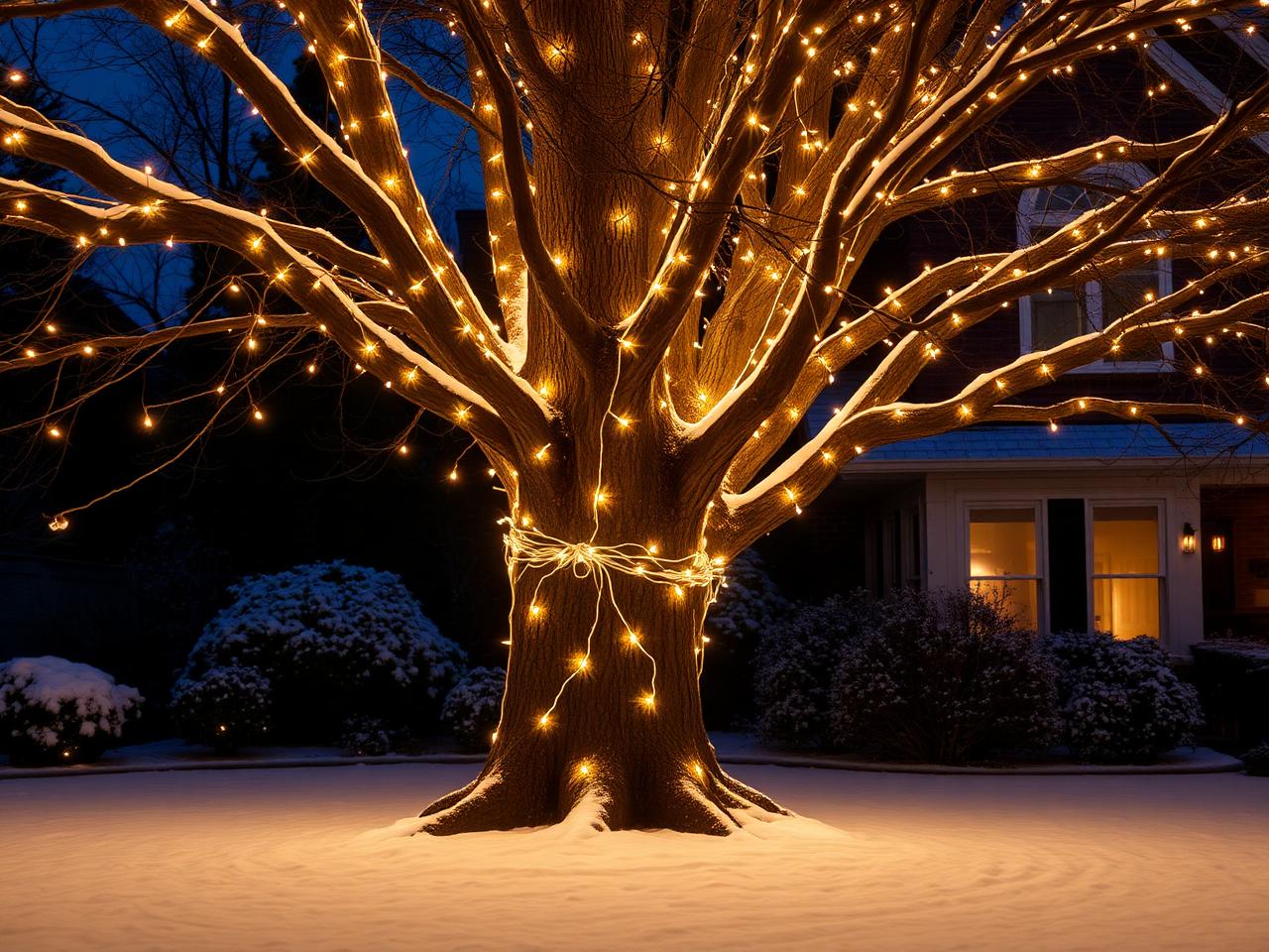 Tree trunk and branches wrapped in warm white lights in fresh snow