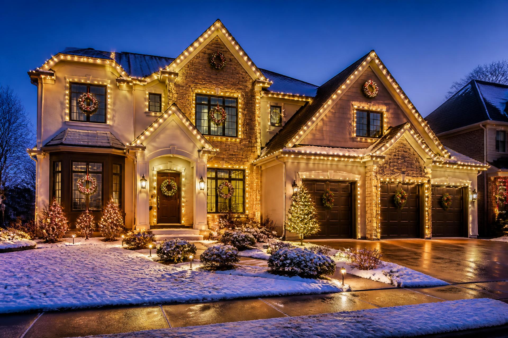 Luxury home with professionally installed warm white Christmas lights at dusk